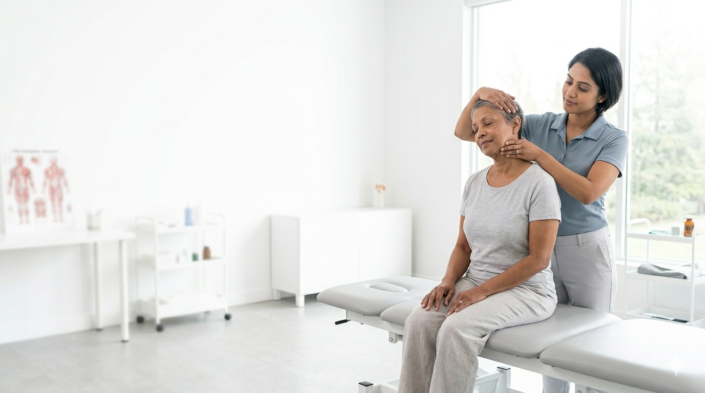 A compassionate Brookswood Plus physiotherapist performs vestibular rehabilitation and head manipulation on a patient to address Meniere’s Disease, ringing, and vertigo, in a clean, professional clinical setting in Langley.