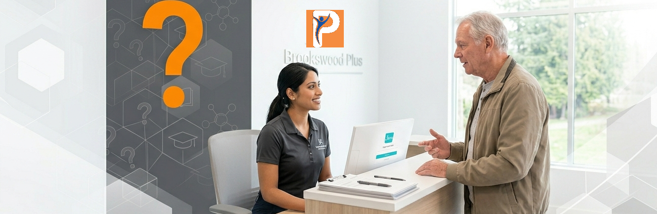 A patient interacts with a friendly receptionist at the Brookswood Plus reception desk, framed by a wall featuring educational icons and an orange question mark.