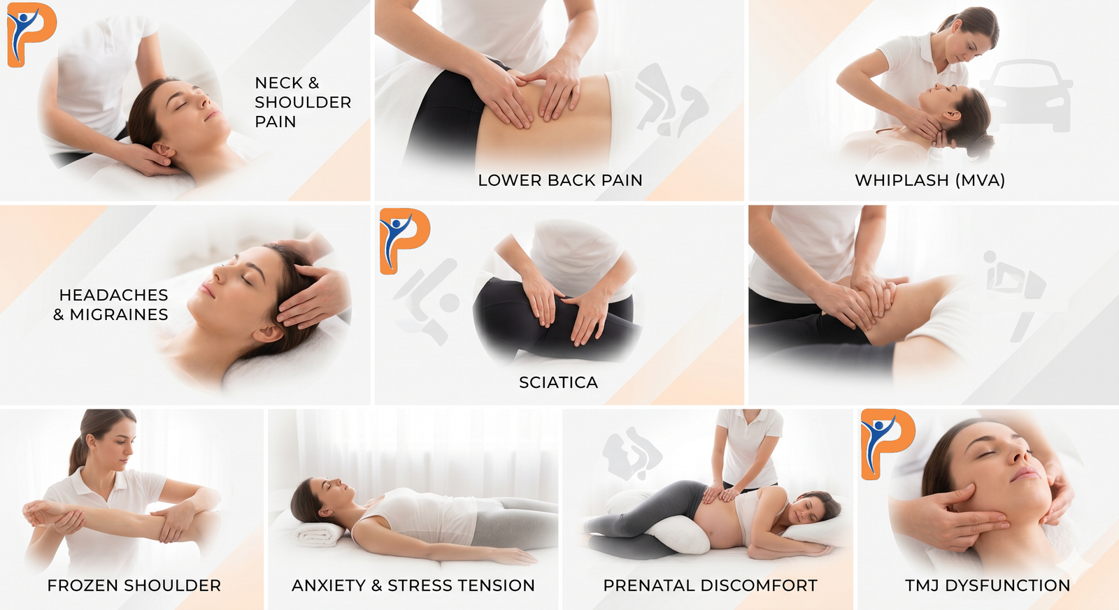 A high-key, minimalist collage style image featuring six distinct circular inset photographs, unified by a pristine white and light orange-grey background that implies movement and recovery. All images show a female massage therapist performing specific techniques on a patient: