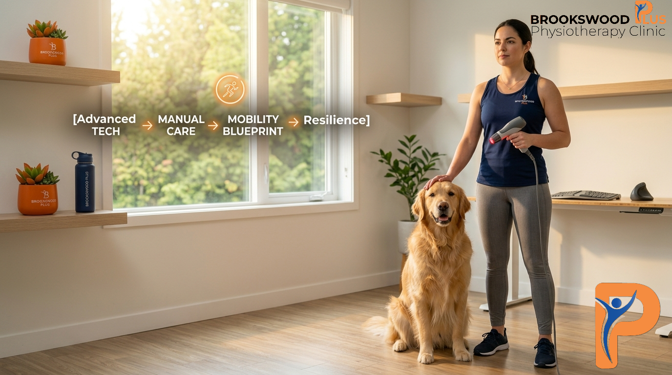 Brookswood Plus Physiotherapy clinician holding an advanced laser treatment device next to a golden retriever in a modern, minimalist South Langley clinic setting.