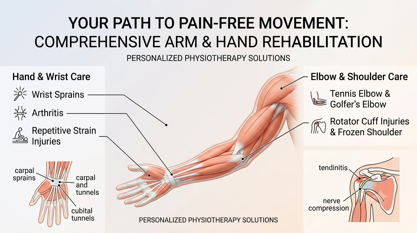 Minimalist medical collage illustrating physiotherapy treatment regions for upper extremity conditions from shoulder tendinitis to carpal tunnel syndrome.