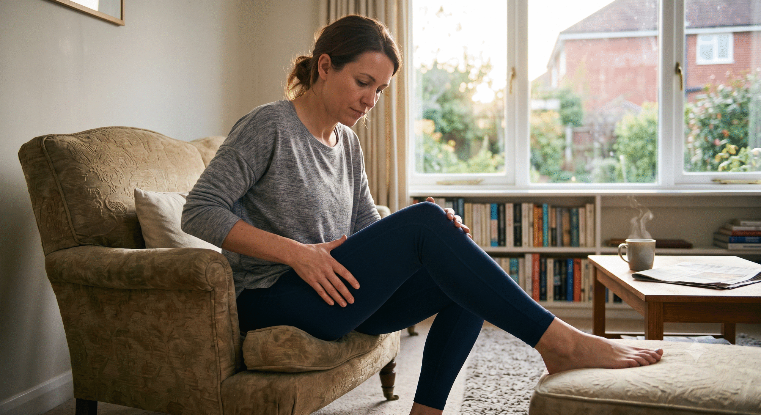 A woman sitting in an armchair at home holding her upper thigh and knee in discomfort, experiencing referred leg pain.